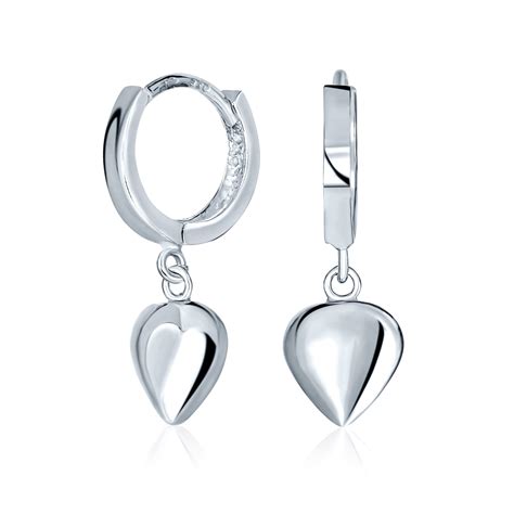 Romantic Sterling Silver Puff Heart Shaped Charm Huggie Hoop Earrings