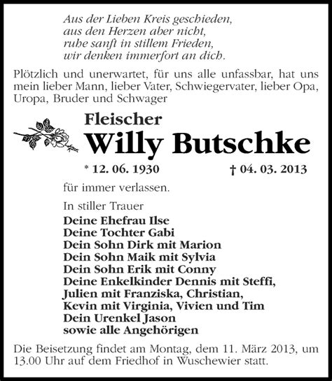 Traueranzeigen von Willy Butschke Märkische Onlinezeitung Trauerportal