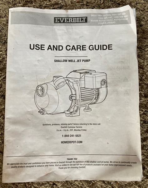 Everbilt 3 4HP Shallow Well Jet Pump J200A3 Manual NEW