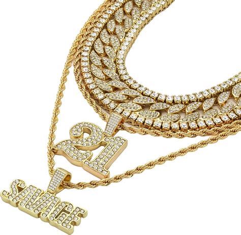 6 Pcs Bundle Set 14k Gold Plated Hip Hop Fully Cz Chain SAVAGE 21