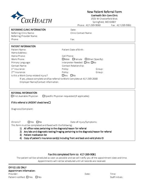 Fillable Online New Patient Referral Form CoxHealth Skin Care Clinic