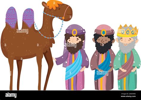 Three Wise Kings And Camel Manger Nativity Merry Christmas Vector Illustration Stock Vector