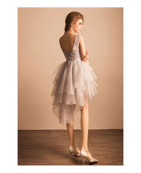 Grey A Line Scoop Neck High Low Tulle Formal Dress With Open