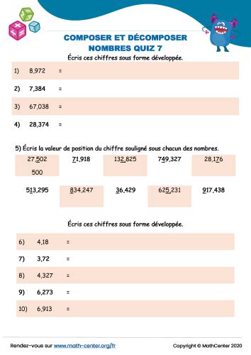 Composer Et D Composer Des Nombres Quiz Quiz Math Center