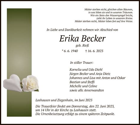 Traueranzeigen Von Erika Becker Trauer HNA De