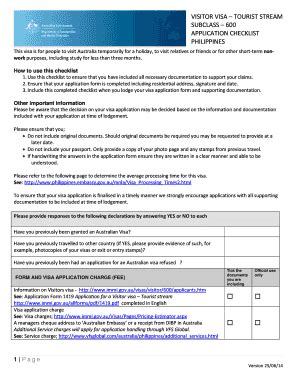 Visitor Visa Tourist Stream Subclass 600 Application Checklist Form