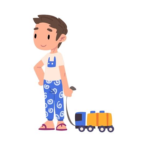 Premium Vector Cute Boy Pulling Toy Car On String Adorable Kid