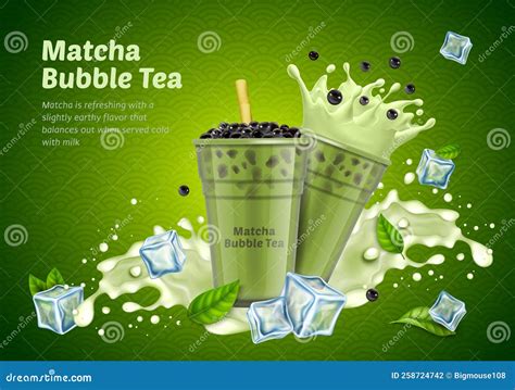 Realistic Detailed 3d Matcha Bubble Tea Ads Banner Concept Poster Card