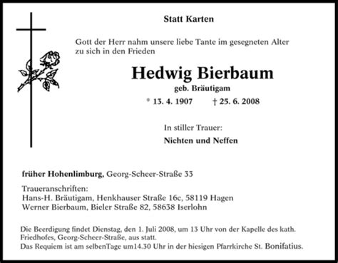 Traueranzeigen Von Hedwig Bierbaum Trauer In Nrw De