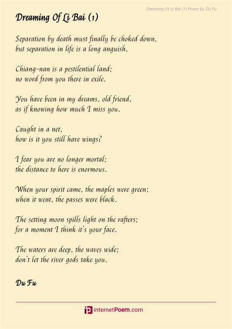 Dreaming Of Li Bai (1) Poem by Du Fu