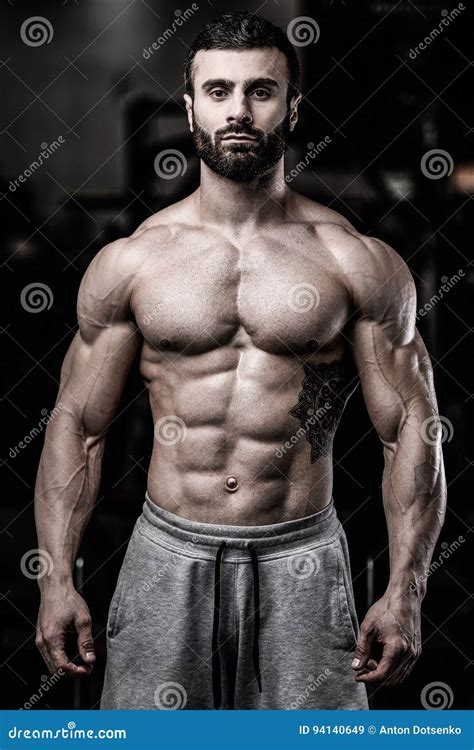 Caucasian Fitness Model In Gym Close Up Abs Stock Image Image Of