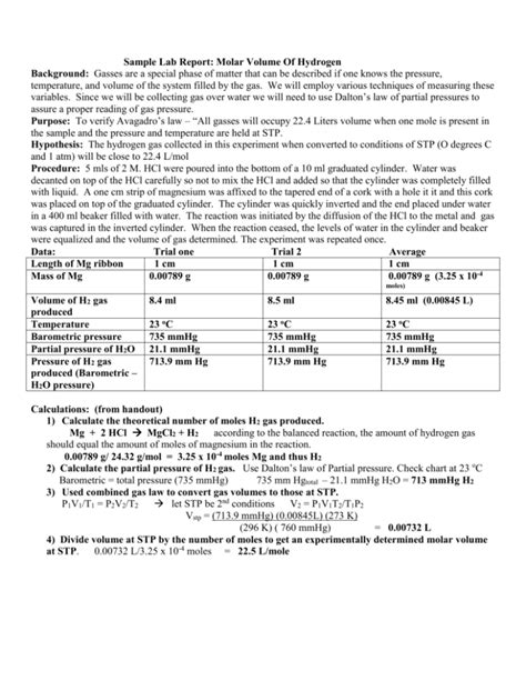 Sample Lab Report Molar Volume Of Hydrogen