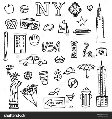 New York Doodle Line Set Hand Stock Vector (Royalty Free) 344384864 ...