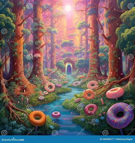 Colorful Donut Filled Forest in Magical Donut Scene. Created Using Ai