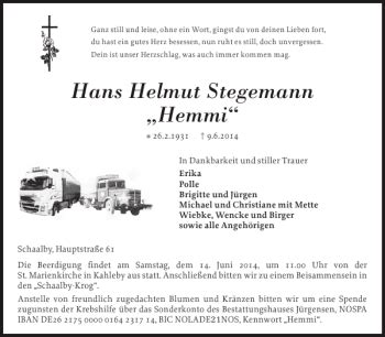 Traueranzeigen Von Hans Helmut Stegemann Hemmi Sh Z Trauer