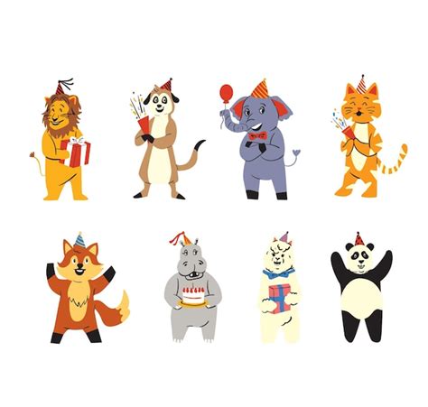 Premium Vector | Cartoon of various animals with a party hat and a ...