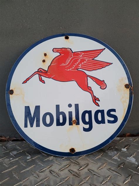 VINTAGE MOBIL MOBILGAS Porcelain Advertising Sign Gas Pump Plate Motor