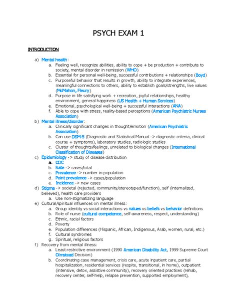 Psych exam 1 - PSYCH EXAM 1 INTRODUCTION a) Mental health: a. Feeling