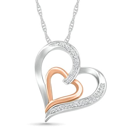 0 085 Ct T W Diamond Tilted Double Heart Pendant In Sterling Silver And 10k Rose Gold