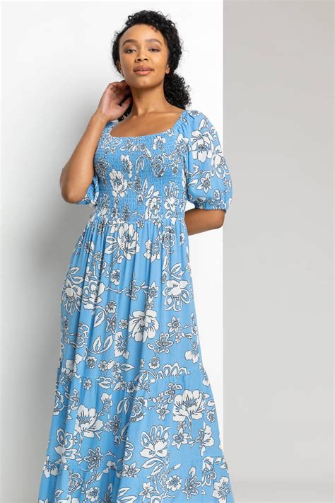 Petite Floral Print Shirred Bodice Maxi Dress In Blue Roman UK