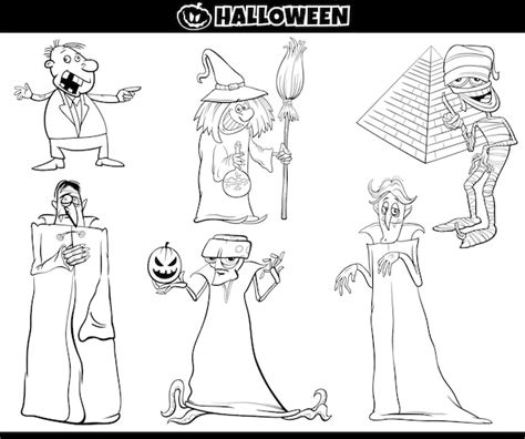 Cartoon Halloween Vakantiekarakters Instellen Kleurplaat Premium Vector