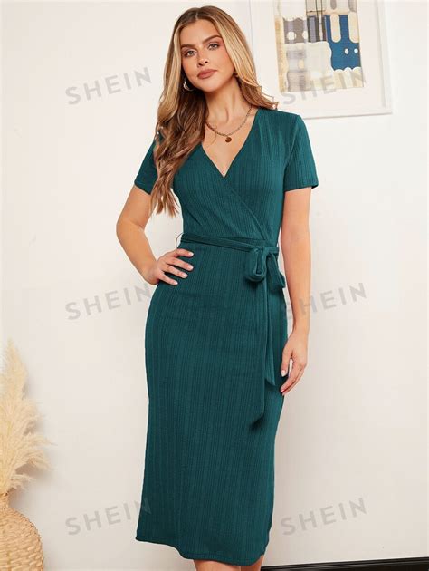 Shein Clasi Surplice Neck Belted Bodycon Dress Shein Usa