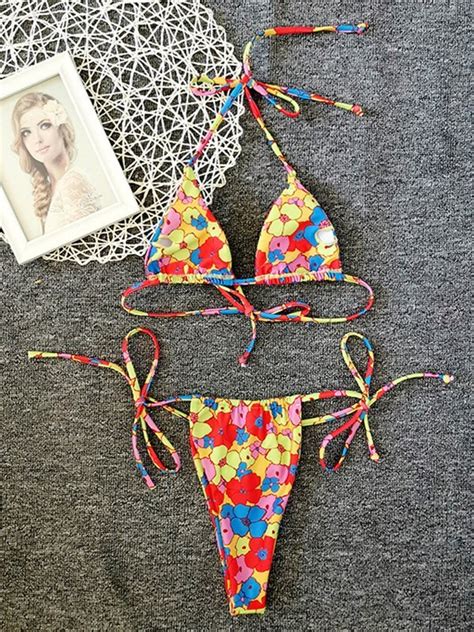 Emmiol Free Shipping Summer Flower Halter Bikini Set Pink M In