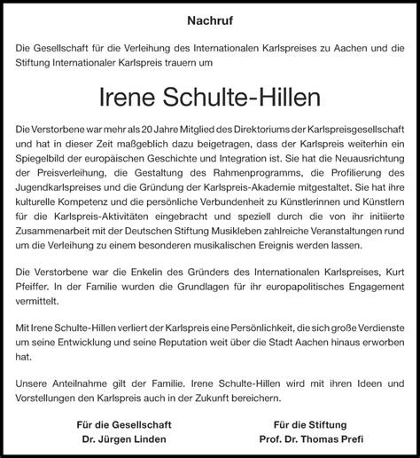 Traueranzeigen Von Irene Schulte Hillen Aachen Gedenkt