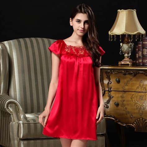 Summer Pure Silk Sexy Red Sleep Dress Women Solid Color Cozy Sleepwear