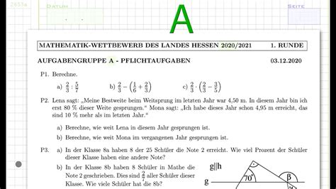 Mathe Wettbewerb 2020 A Gymnasium Aufgabe P1 2653a YouTube