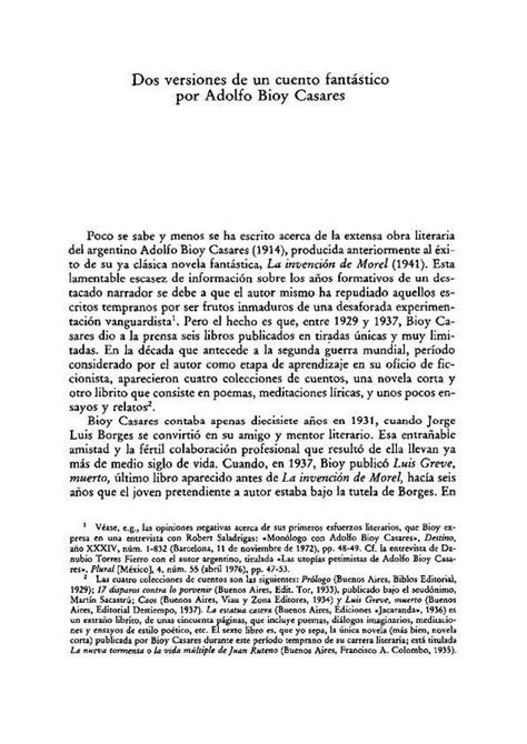 Dos Versiones De Un Cuento Fant Stico Por Adolfo Bioy Casares Thomas