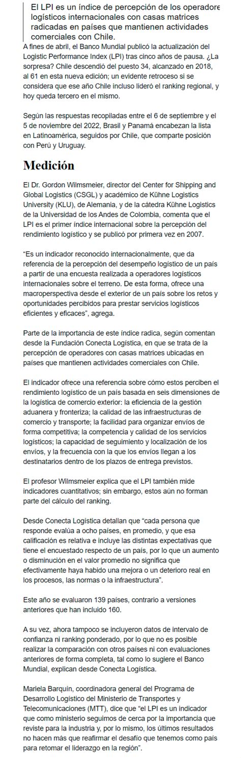 Chile desciende en el índice global de desempeño logístico del Banco