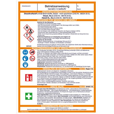 Gefahrstoff Betriebsanweisung Heizöl und Diesel