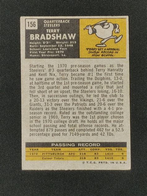 1971 Topps Terry Bradshaw Rookie Card 156 Pittsburgh Steelers VG EBay