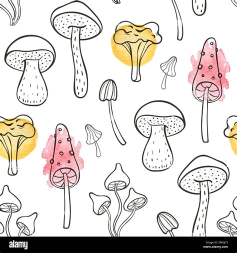 Autumn Doodle Seamless Pattern With Forest Mushrooms On A White