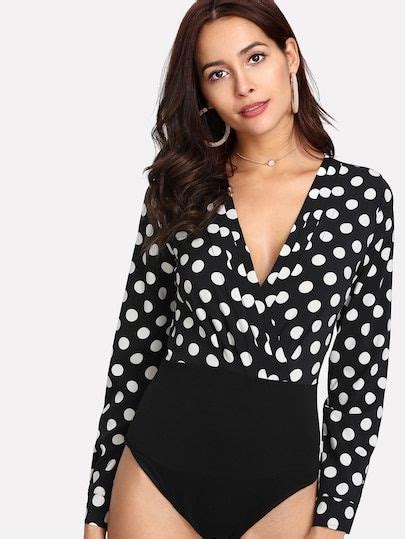 Polka Dot Wrap Bodysuit Shein Sheinside V Neck Bodysuit Womens