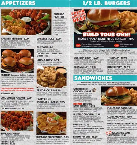 Menu at Hooters pub & bar, Tacoma, Tacoma Mall Blvd