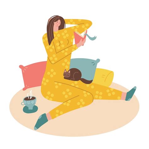 Premium Vector Girl In Pajamas Reading A Book While Sitting On