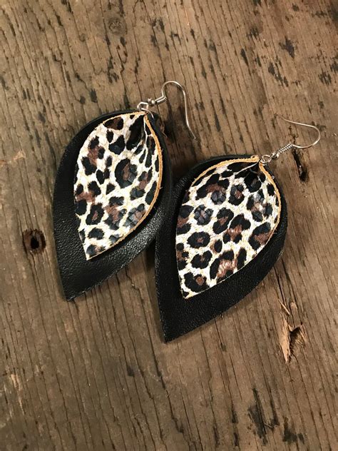 Genuine Leather Earrings Black And Leopard Earrings Leopard Etsy