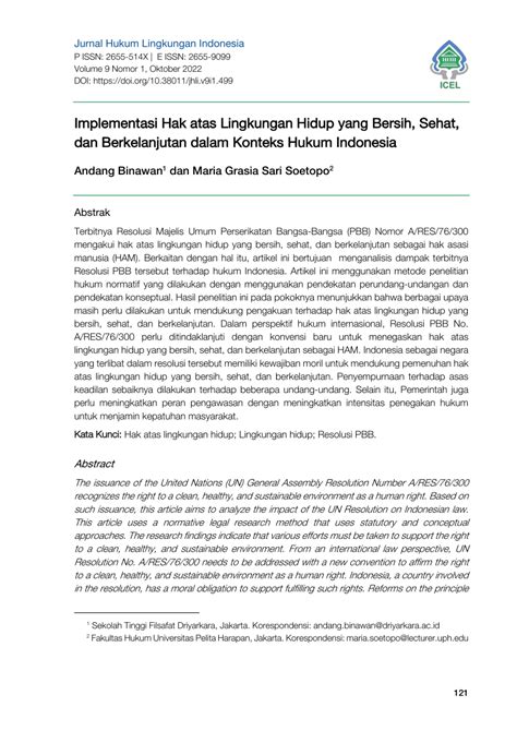 PDF Implementasi Hak Atas Lingkungan Hidup Yang Bersih Sehat Dan