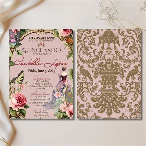 Plantilla de invitaciones de quinceañera vintage Floral Mis Quince Anos