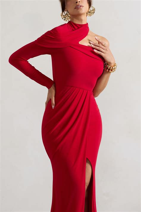 Tyla Red Asymmetric High Neck Split Maxi Dress Club L London Usa