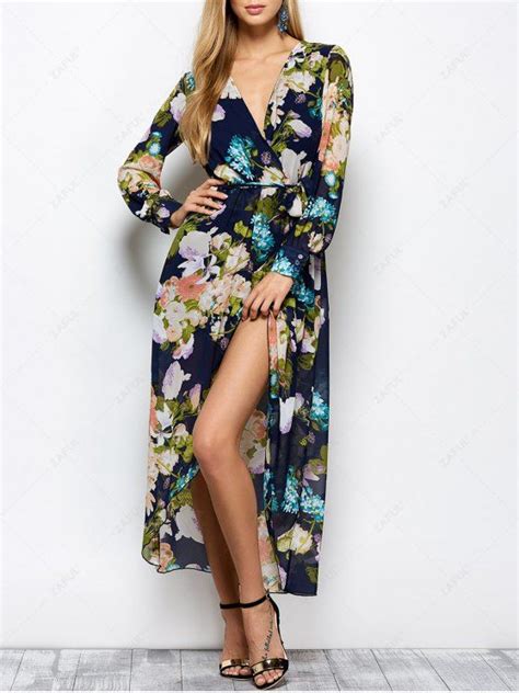 [22 Off] 2021 Long Sleeve Floral Maxi Dress With Slit In Floral Zaful