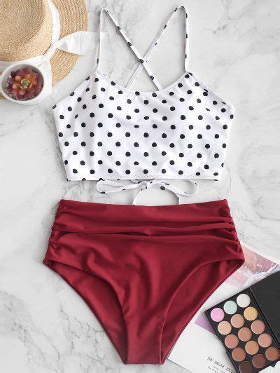 Zaful Polka Dot Lace Up Ruched Tankini Set High Waisted Panties