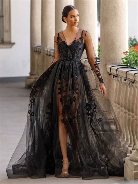 Black Gothic Wedding Dresses A Line Long Sleeves Buttons Lace With