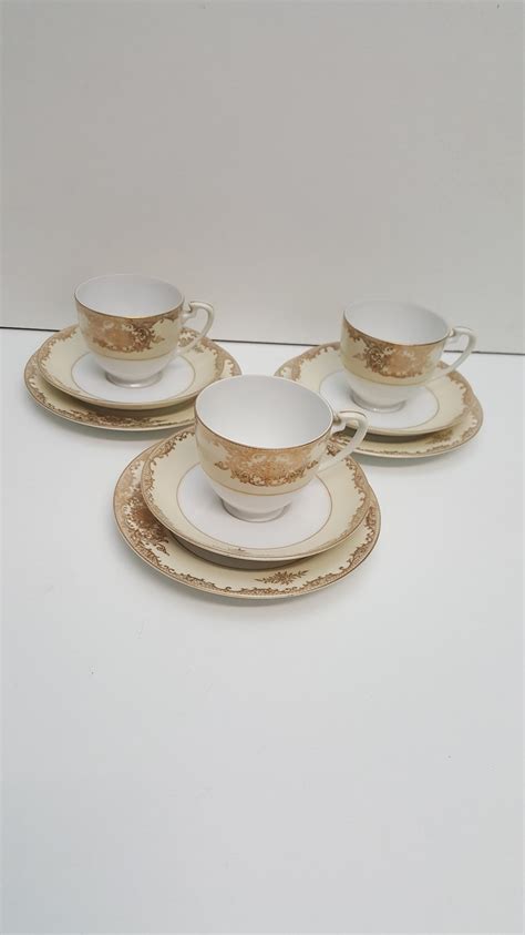 Vintage Noritake China White With Cream Band and Gilt Floral Edges Set ...