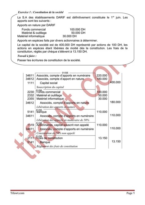 Exercices Corrig S De La Comptabilit Des Soci T S La Constitution Des