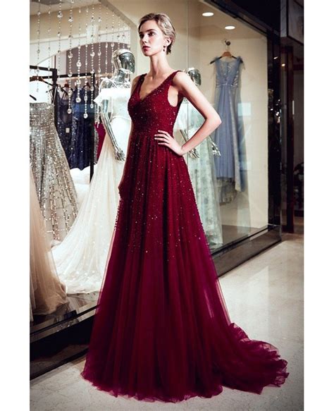 Elegant A Line V Neck Burgundy Sequin Evening Dress With Train F021