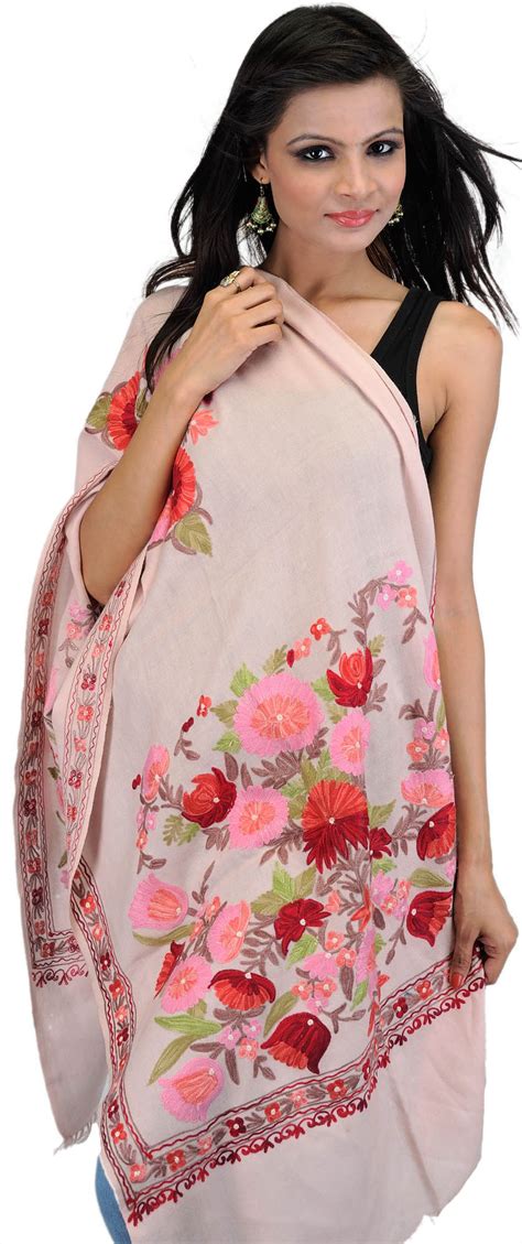 Peach Stole From Kashmir With Aari Embroidered Flowers Exotic India Art