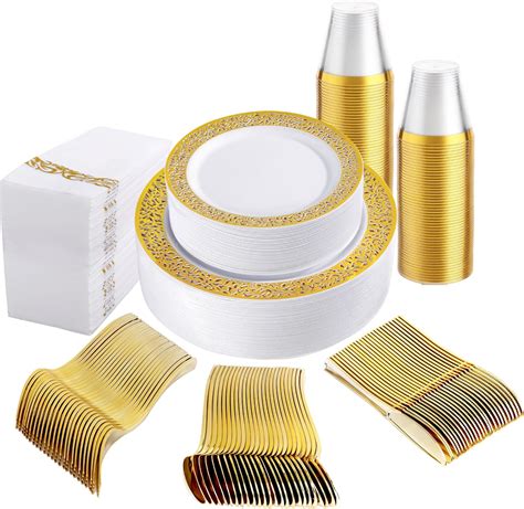 Amazon Bellsal 350 Piece Gold Plastic Dinnerware Set For 50 Guest